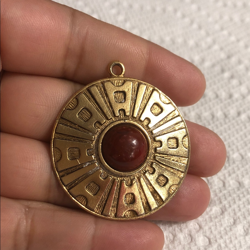 Vintage Gold And Red Circular Brooch